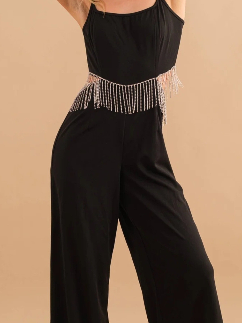 Black Wide-Leg Jumpsuit with Rhinestone Fringe Waist Accent